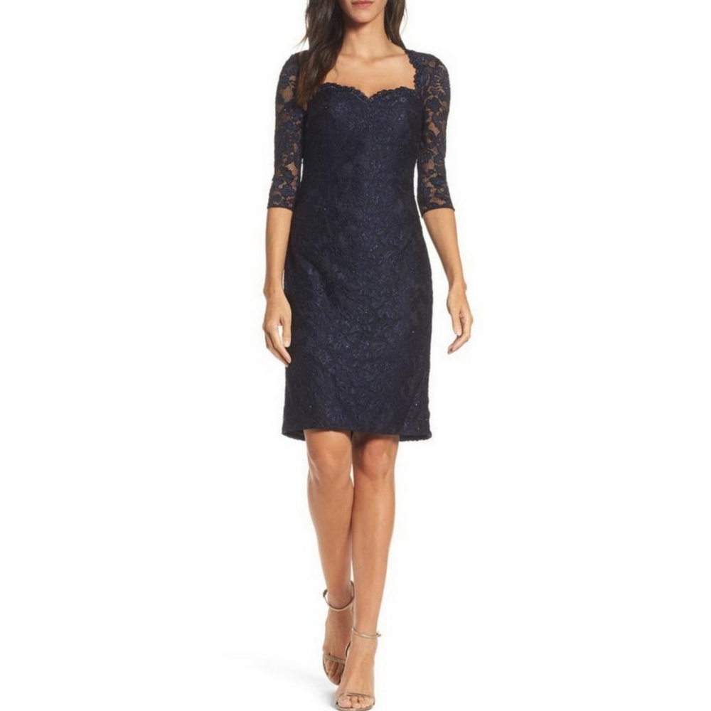 La Femme | Navy Shimmer Lace Cocktail Sweetheart Dress Size 2